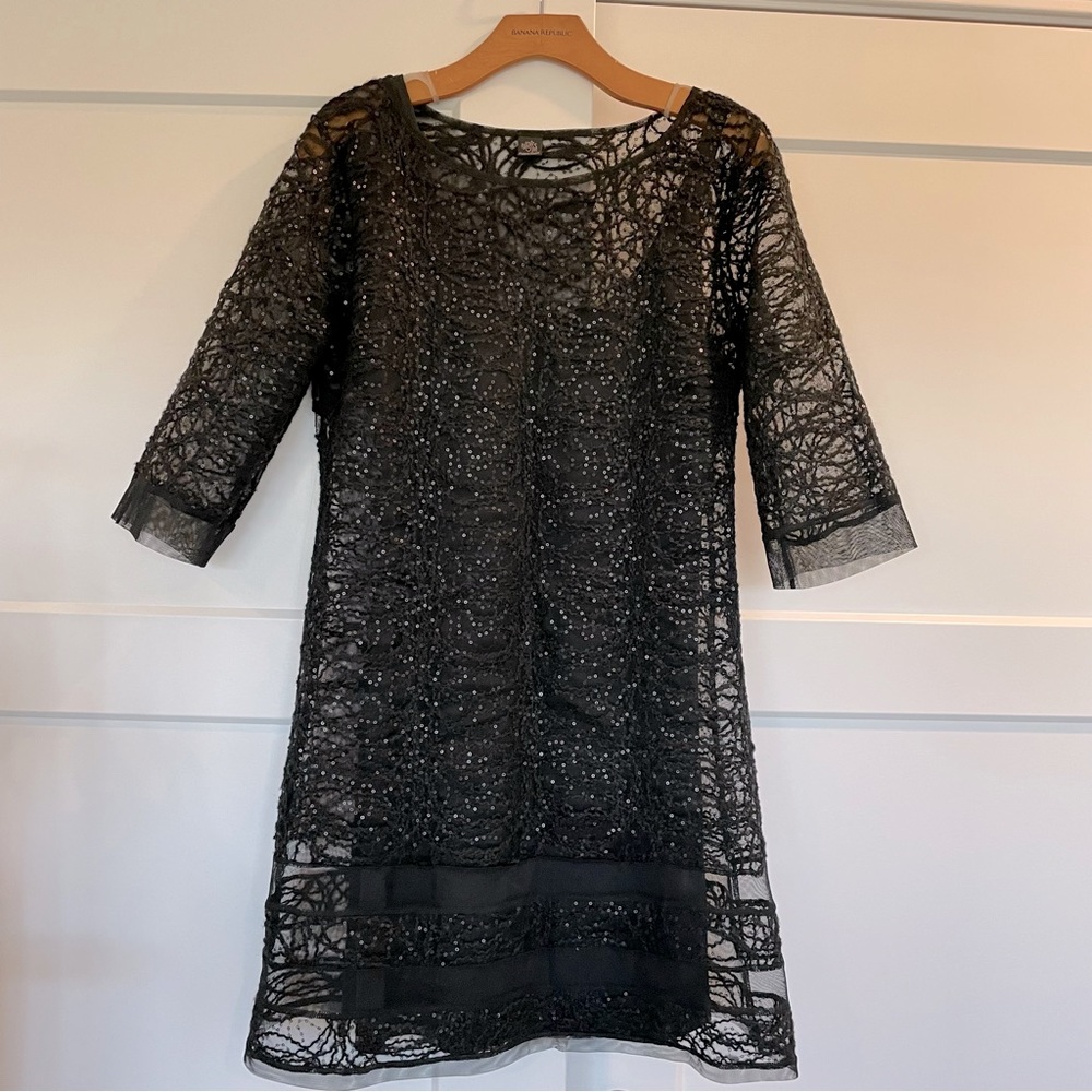 Only Hearts Black 3/4 Sleeve Sheer Sequin Dress Includes Tank Liner Size Small